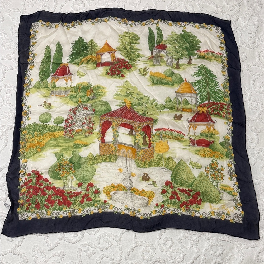 Nina Ricci Colorful Garden Scene Silk Scarf